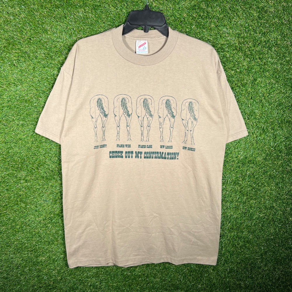 Vintage Jerzees Horse Confirmation Graphic T Shirt Mens L Tan Humor 90s USA Made